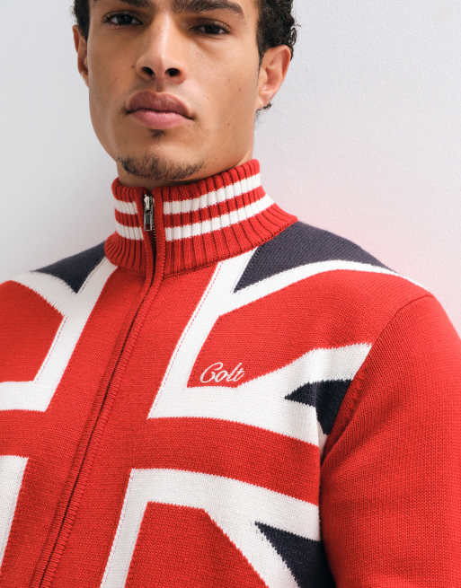 Colt relaxed fit union jack print zip through knitted track jacket in multi, 4 of 9