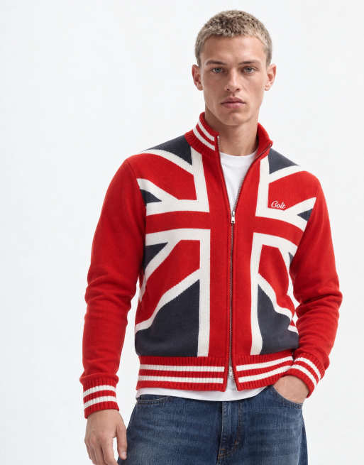 Colt relaxed fit union jack print zip through knitted track jacket in multi, 6 of 9
