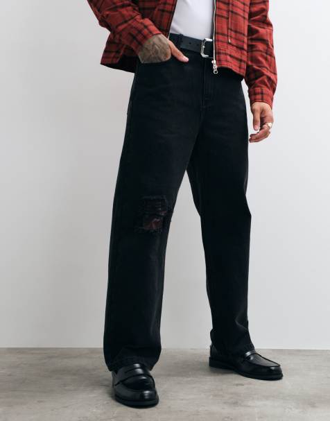 Colt straight leg selvage denim jeans with tartan patch detail in black wash - view 1