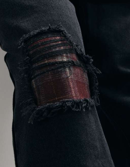 Colt straight leg selvedge denim-jeans med skotskternet patch-detalje i sort vask, 2 af 5