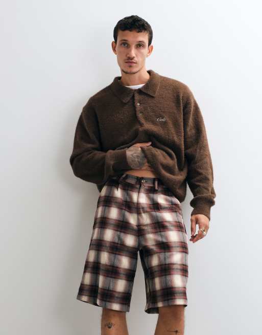 Colt tailored longline shorts in brown & white plaid, 2 of 5