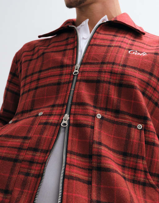 Colt workers wool mix double zip harrington jacket in red check, 2 of 5