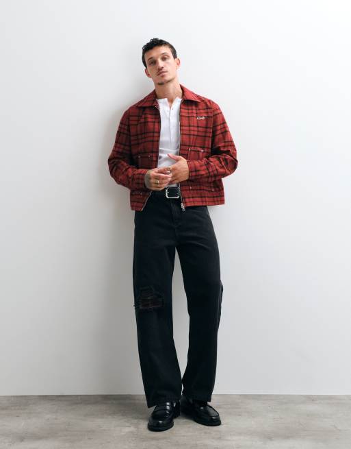 Colt workers wool mix double zip harrington jacket in red check, 3 of 5