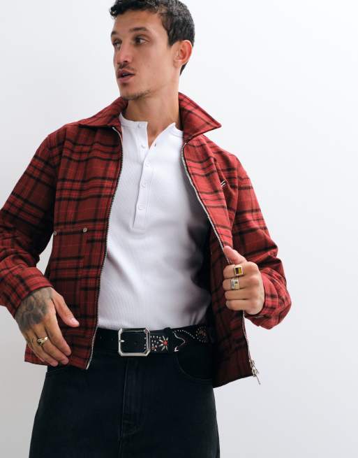 Colt workers wool mix double zip harrington jacket in red check, 4 of 5