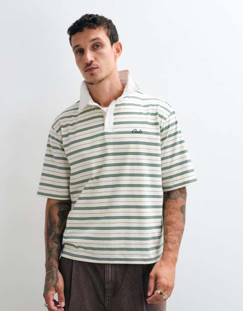 Colt x ASOS exclusive golfers contrast collar stripe polo shirt in neutral & green - view 1