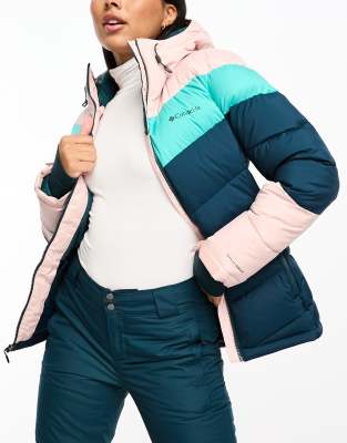 Columbia Abbott Peak insulated ski jacket in pink and blue - ASOS Price Checker