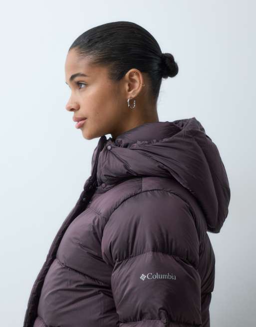 Columbia Amaze Puff hooded high shine jacket in plum, 2 of 4