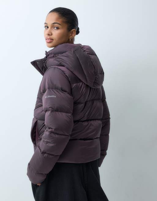 Columbia Amaze Puff hooded high shine jacket in plum, 3 of 4