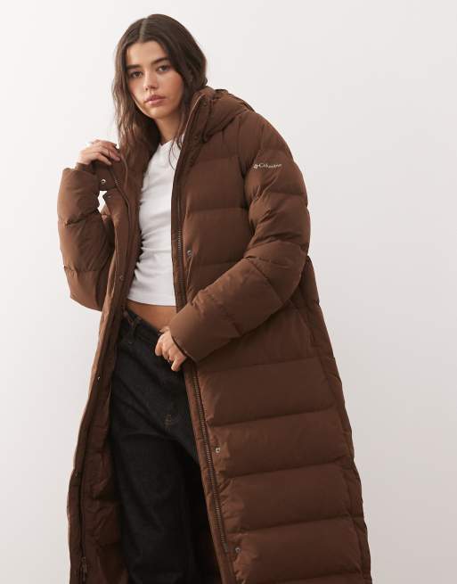 Columbia Amaze Puff long hooded puffer coat in brown | ASOS