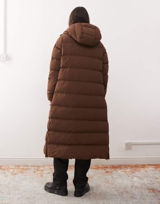 Columbia Amaze Puff long hooded puffer coat in brown | ASOS