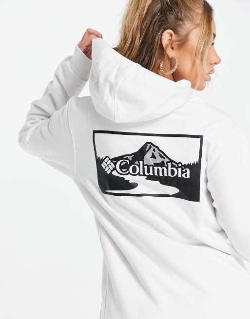Columbia Asherton Peak2River back print hoodie in white Exclusive at ASOS 