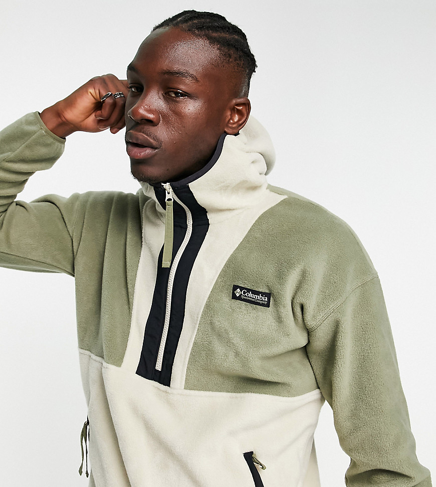 Columbia Backbowl 1/2 zip sherpa hoodie in stone and green Exclusive at ASOS-Neutral