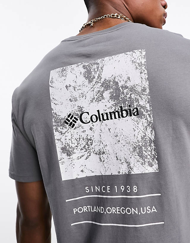 Columbia - barton springs back print t-shirt in grey exclusive to asos