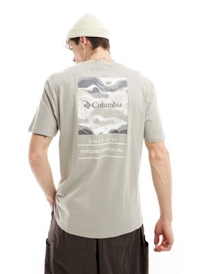 Columbia Barton Springs pattern back print t-shirt in grey Exclusive at ASOS
