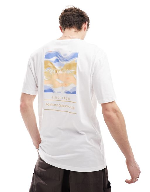  Columbia Barton Springs pattern back print t-shirt in peach multi Exclusive at ASOS