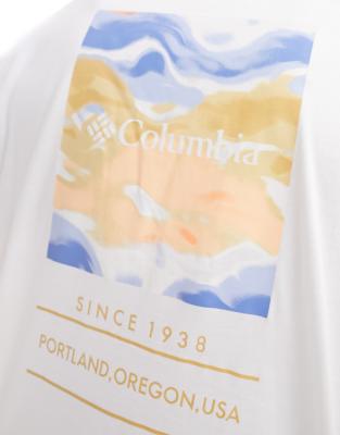 Columbia Barton Springs pattern back print t-shirt in peach multi ...