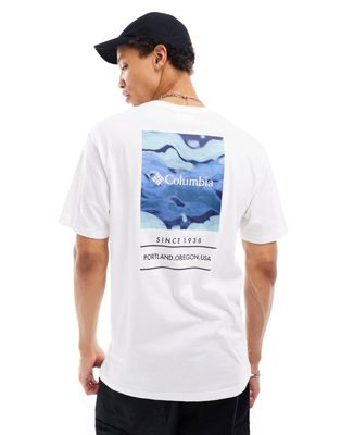 Columbia Barton Springs pattern back print t-shirt in blue multi Exclusive at ASOS