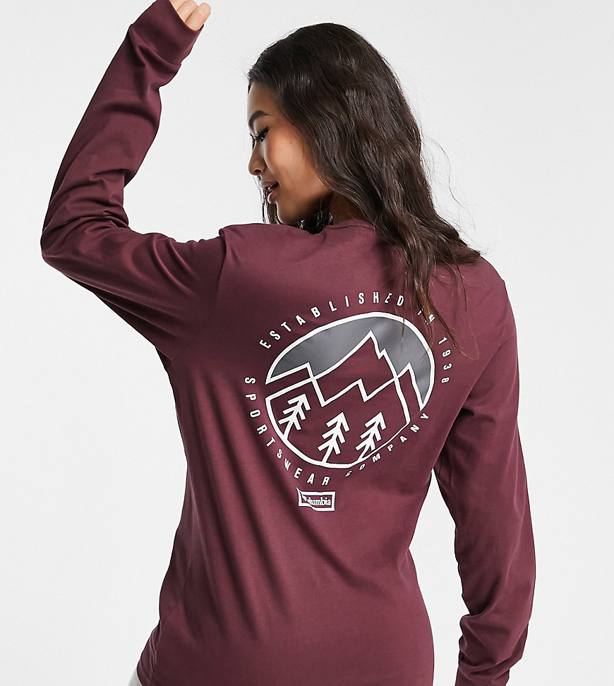 Columbia Cades Cove long sleeve back print t-shirt in burgundy Exclusive at ASOS-Red