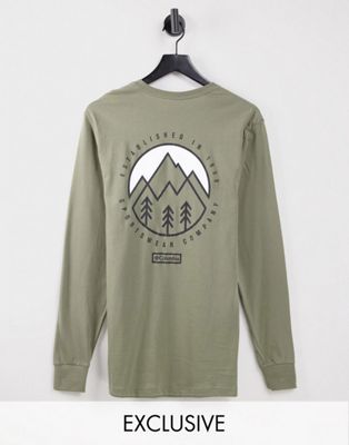 Columbia Cades Cove long sleeve back print t-shirt in green Exclusive at ASOS