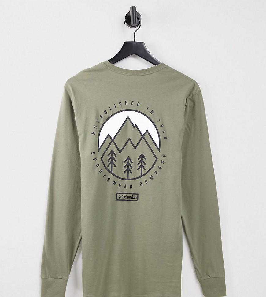 Columbia Cades Cove long sleeve back print t-shirt in green Exclusive at ASOS