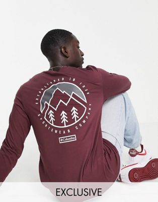 Columbia Cades Cove long sleeve t-shirt in burgundy Exclusive at ASOS  - ASOS Price Checker