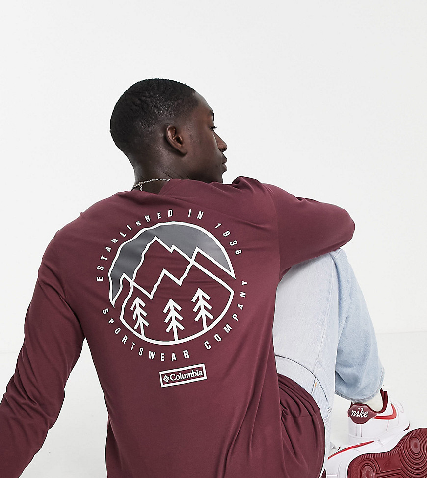 Columbia Cades Cove long sleeve t-shirt in burgundy Exclusive at ASOS-Red
