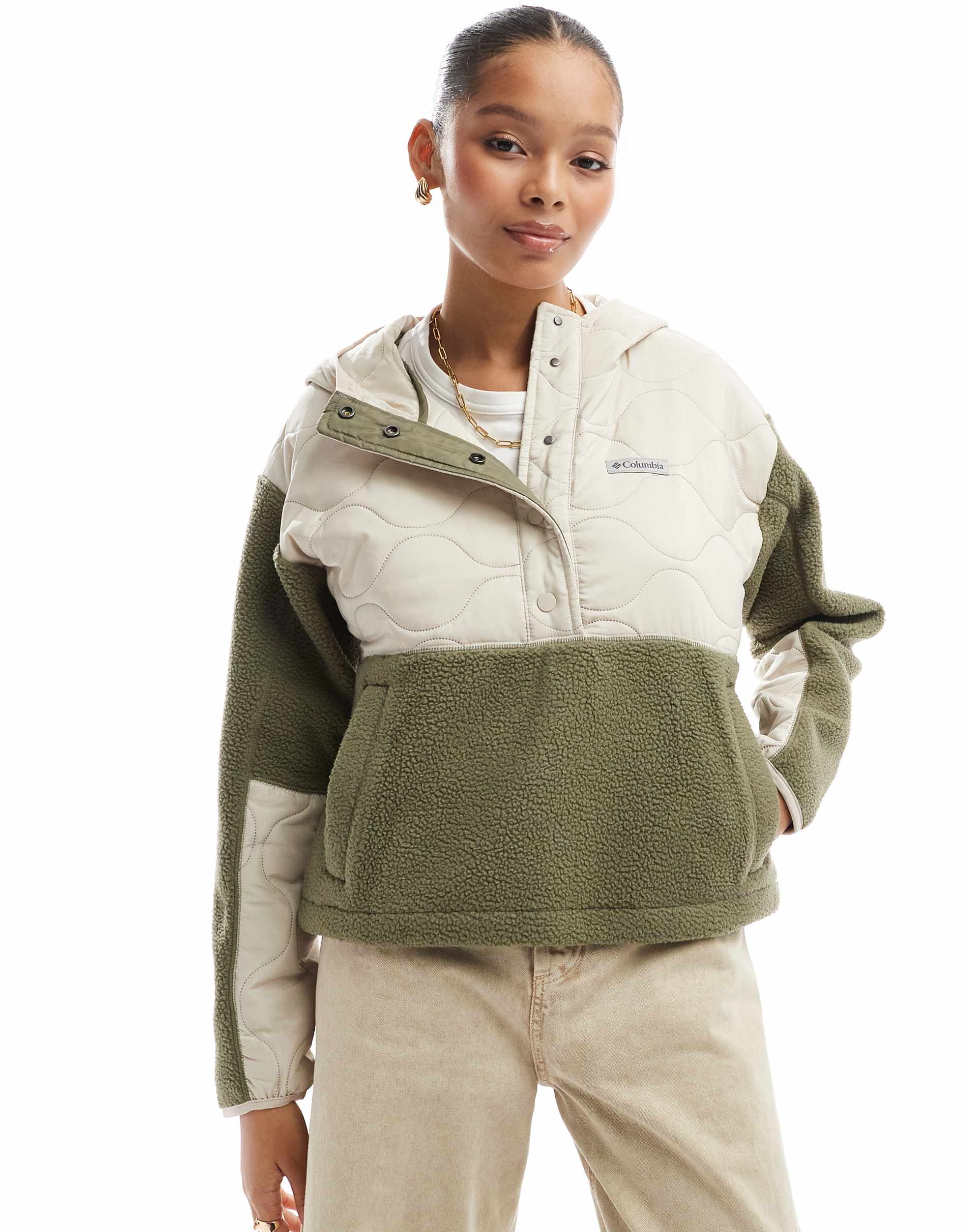columbia cloud point hooded fleece in dark stone and stone green