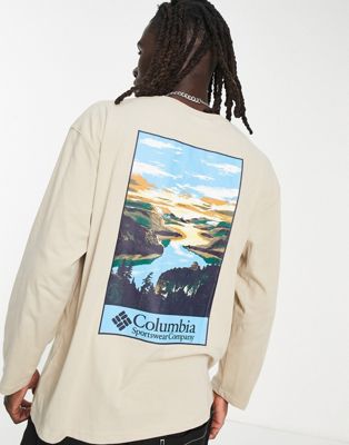 Columbia CSC Alpine Way relaxed fit long sleeve back print t-shirt in stone