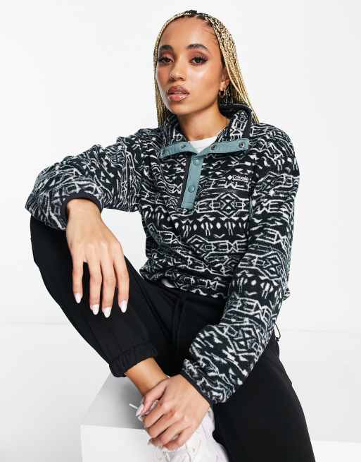 Columbia Helvetia cropped 1/2 snap neck fleece in black geo print Exclusive at ASOS