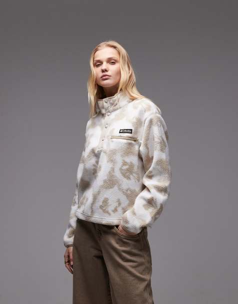 Columbia – Helvetia II – Beige, mönstrad fleecetröja i kort design med tryckknappar vid halsen - view 1