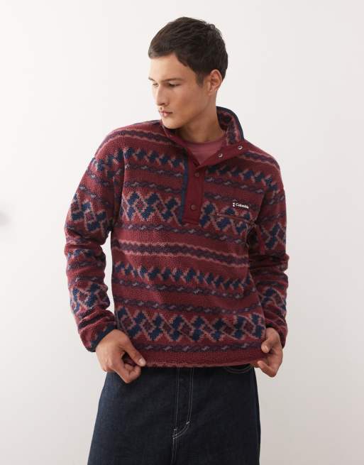 Columbia – Helvetia II – Bordowa bluza polarowa ze wzorem i zapięciem na zatrzaski pod szyją