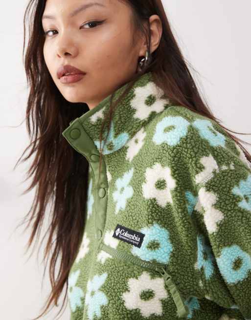 Columbia Helvetia printed cropped half snap fleece in green | ASOS