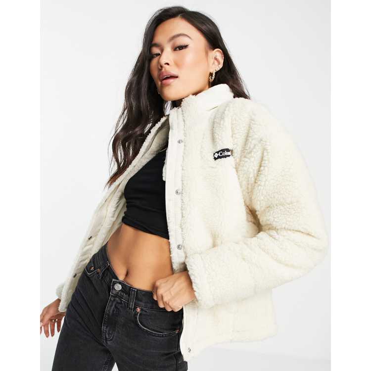 Columbia Lodge Baffled sherpa jacket in burgundy Exclusive at ASOS