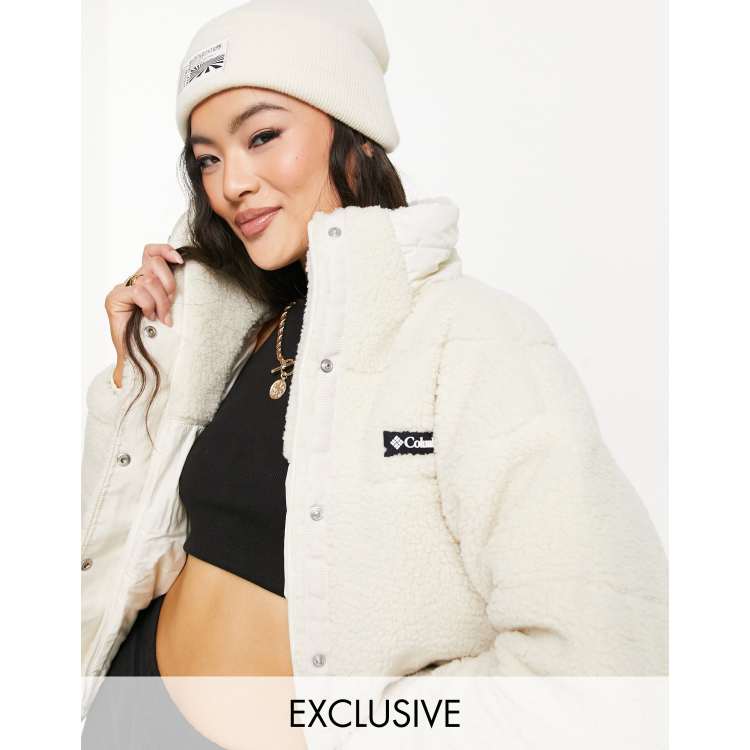 Columbia Lodge Baffled sherpa jacket in beige Exclusive at ASOS