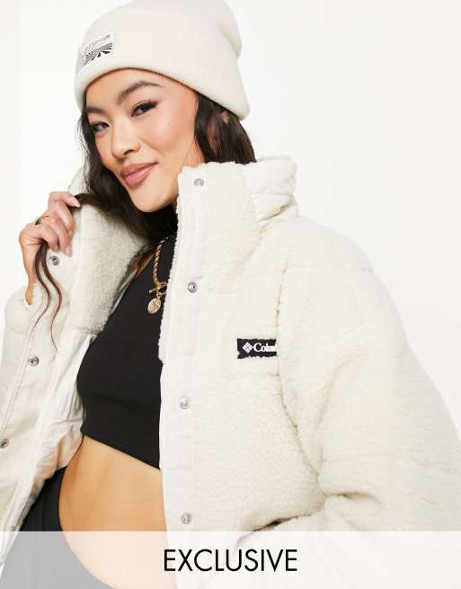 Columbia Lodge Baffled sherpa jacket in beige Exclusive at ASOS