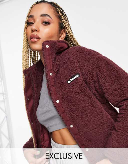 Columbia Lodge Baffled sherpa jacket in burgundy Exclusive at ASOS