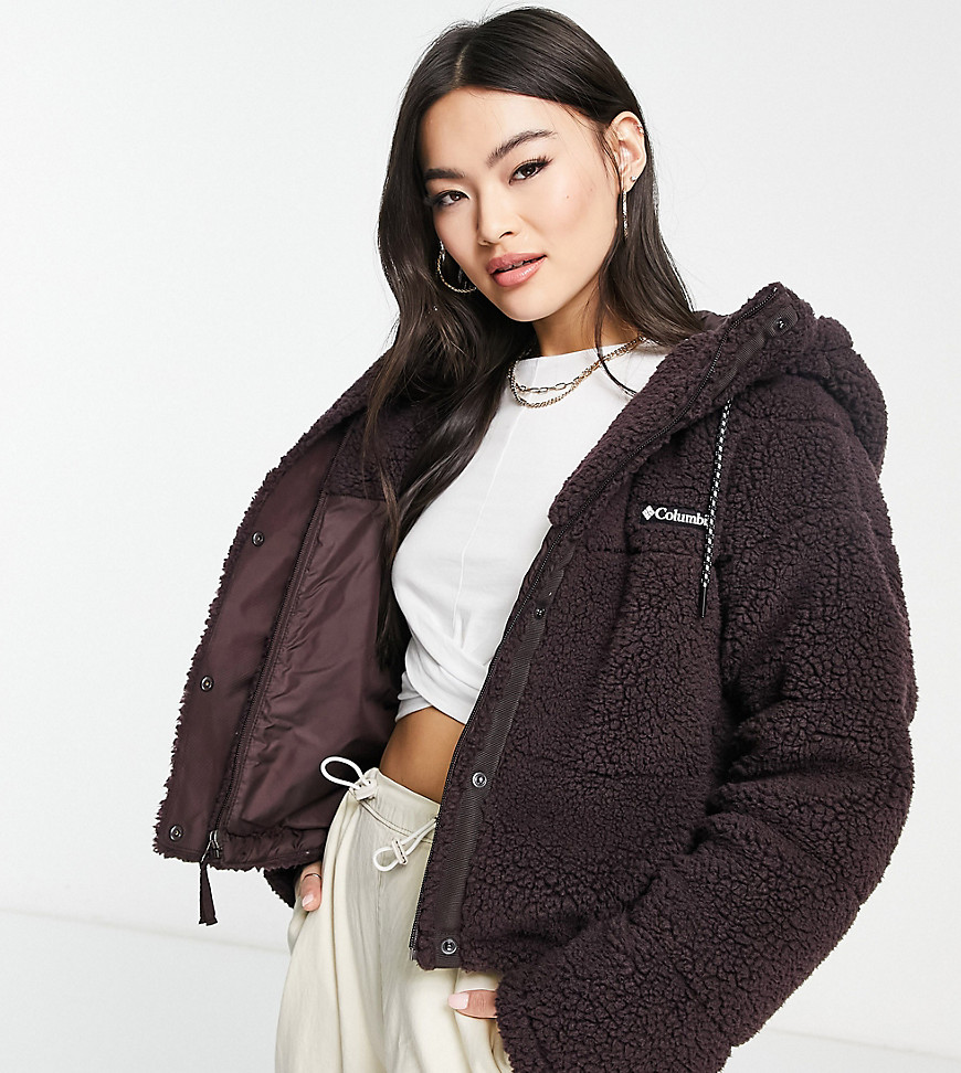 Columbia Lodge cropped hooded sherpa jacket in purple Exclusive at ASOS