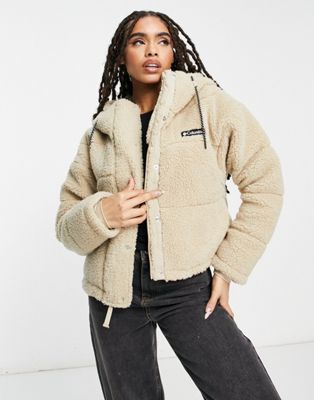 Columbia Lodge cropped hooded sherpa jacket in stone Exclusive at ASOS
