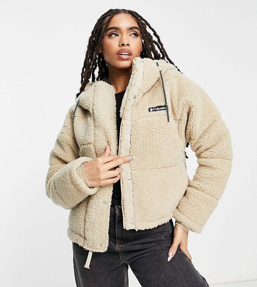 Columbia Lodge cropped hooded sherpa jacket in stone Exclusive at ASOS-Neutral