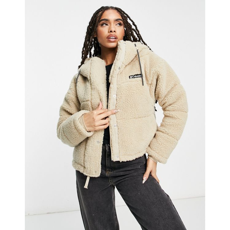 Columbia Lodge cropped hooded sherpa jacket in stone Exclusive at