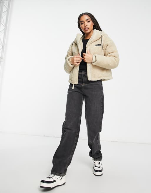 Columbia Lodge cropped hooded sherpa jacket in stone Exclusive at ASOS ASOS