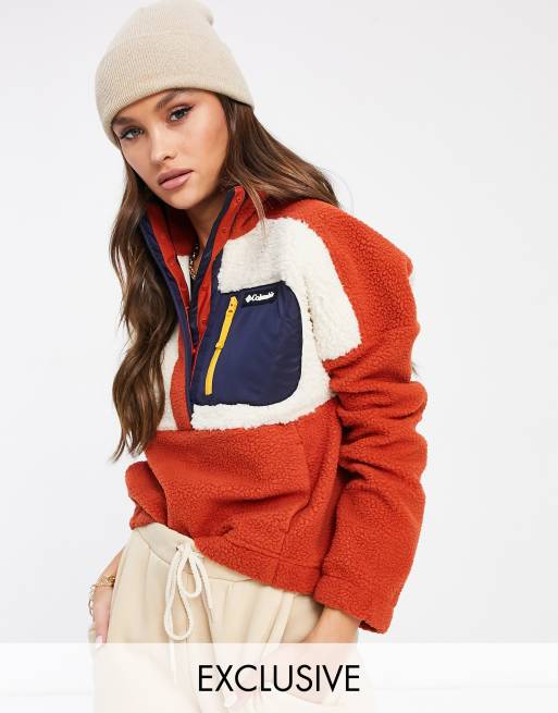 Columbia Lodge Baffled sherpa jacket in burgundy Exclusive at ASOS