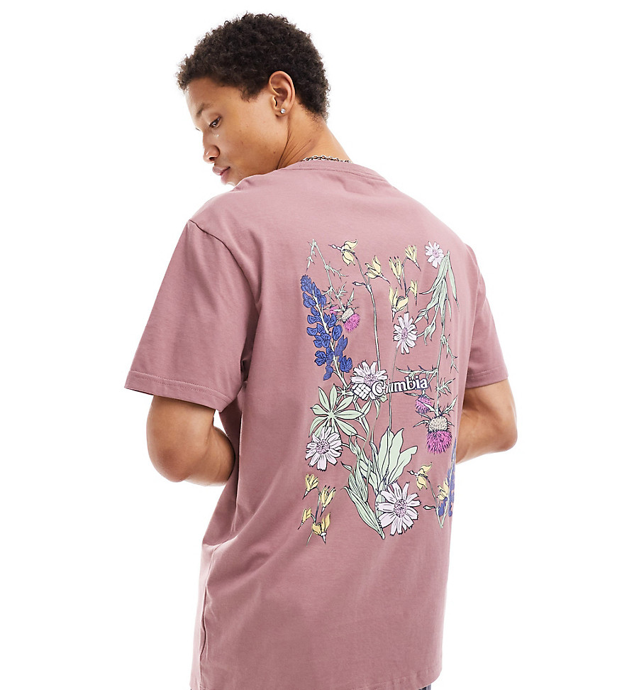 Columbia Navy Heights floral graphic back print t-shirt in fig Exclusive at ASOS-Purple