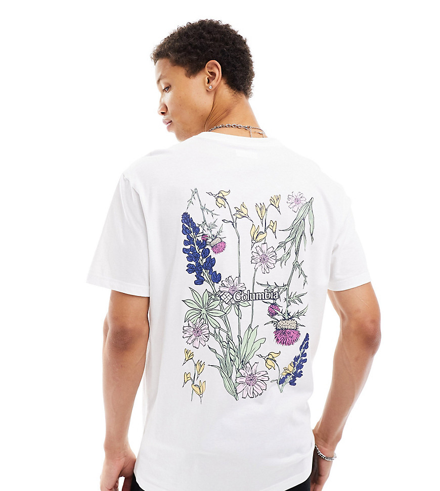 Columbia Navy Heights floral graphic back print t-shirt in white Exclusive at ASOS