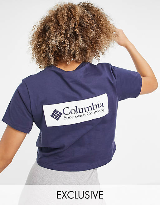 Columbia North Cascades crop back print t-shirt in navy Exclusive at ASOS