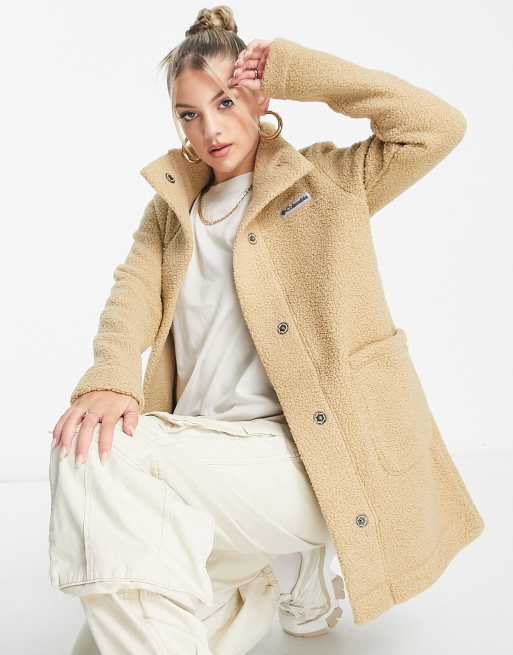 Columbia Panorama sherpa fleece long jacket in sand | ASOS