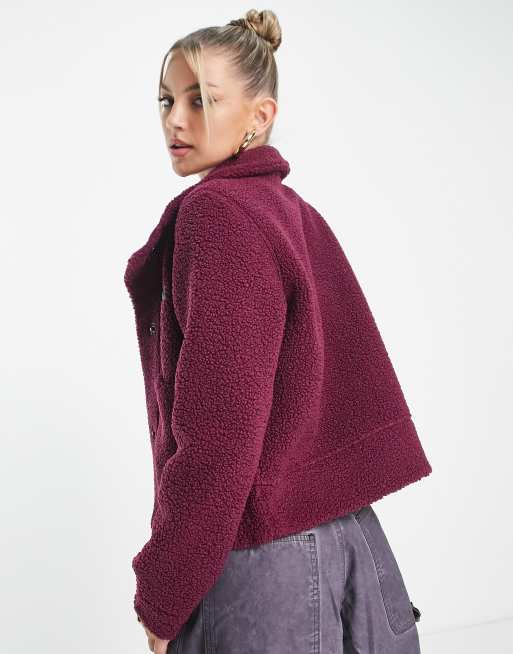 Veste Bomber Femme En Polaire Sherpa - Manches Longues, Fermeture éclair, Coupe Décontractée - Couleur Bordeaux