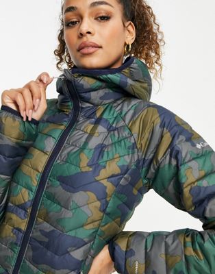 Columbia Powder Lite hooded jacket in camo green-Navy