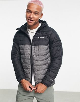 Columbia Powder Lite hooded puffer jacket in charcoal and black Exclusive at ASOS
