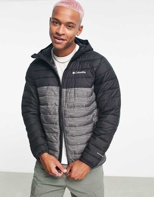 Columbia Powder Lite hooded puffer jacket in charcoal and black Exclusive at ASOS